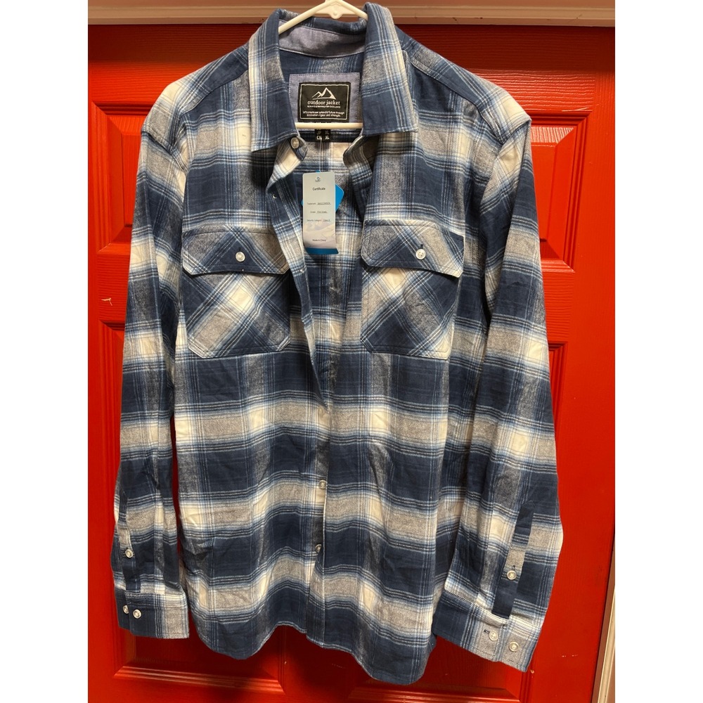 MAGCOMSEN Mens Flannel Shirt Blue White Plaid Long Sleeve Button Down Size Large